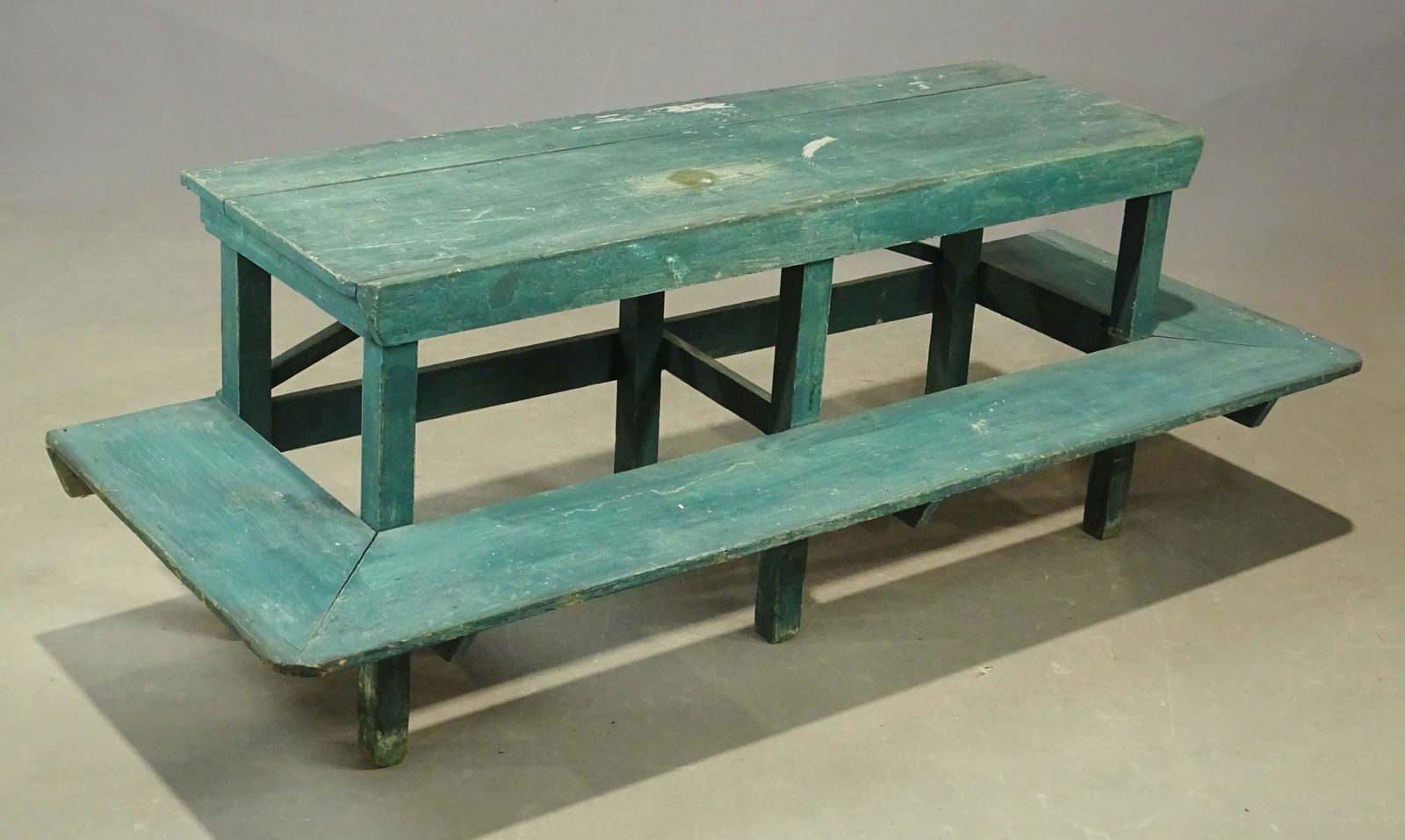 Two Tiered Plant Stand: Early two tiered plant stand in green paint. 68" x 25 1/2" x 25".