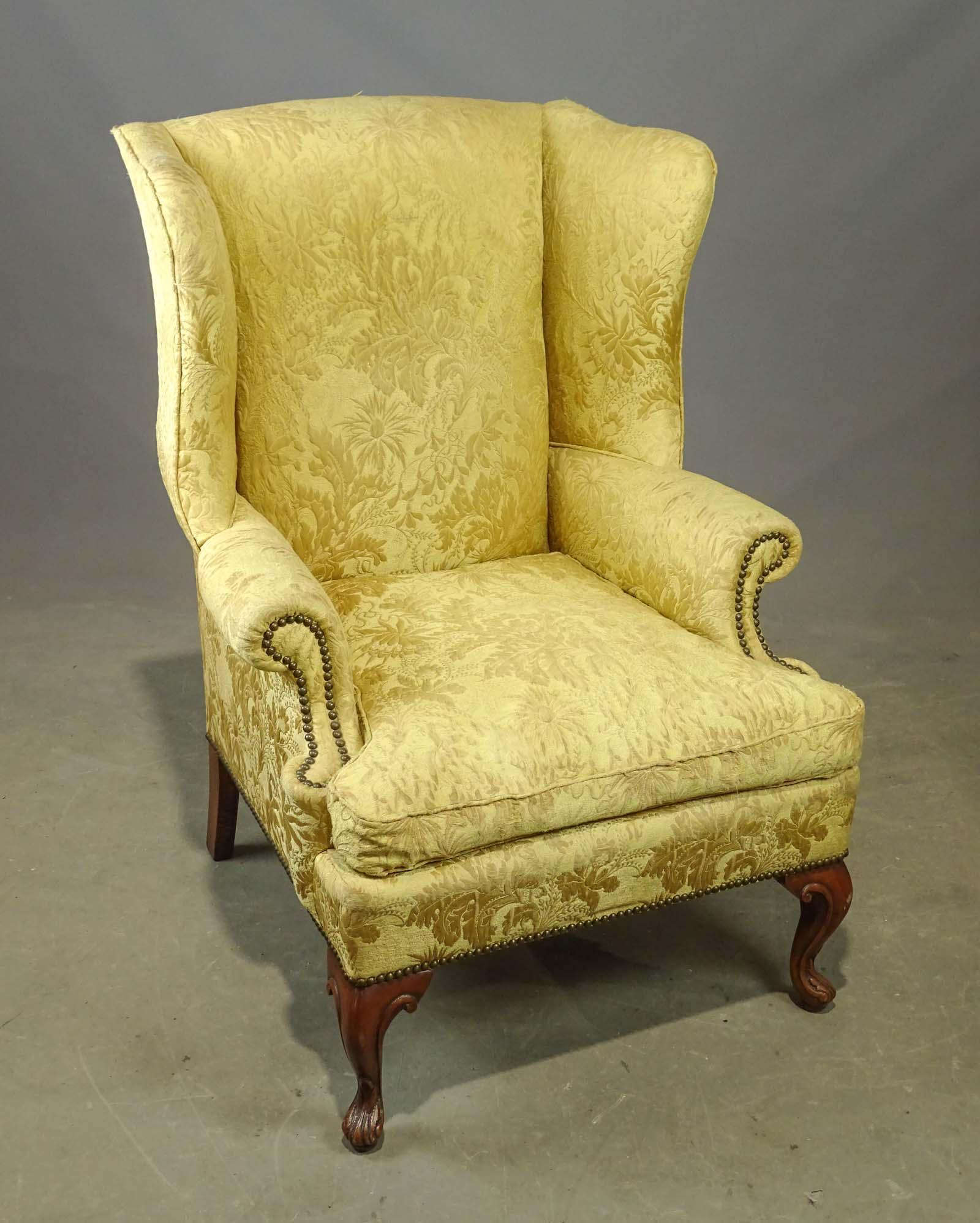 Wing Chair: Wing chair with carved legs. 19" seat Ht., 42 1/2" overall Ht..