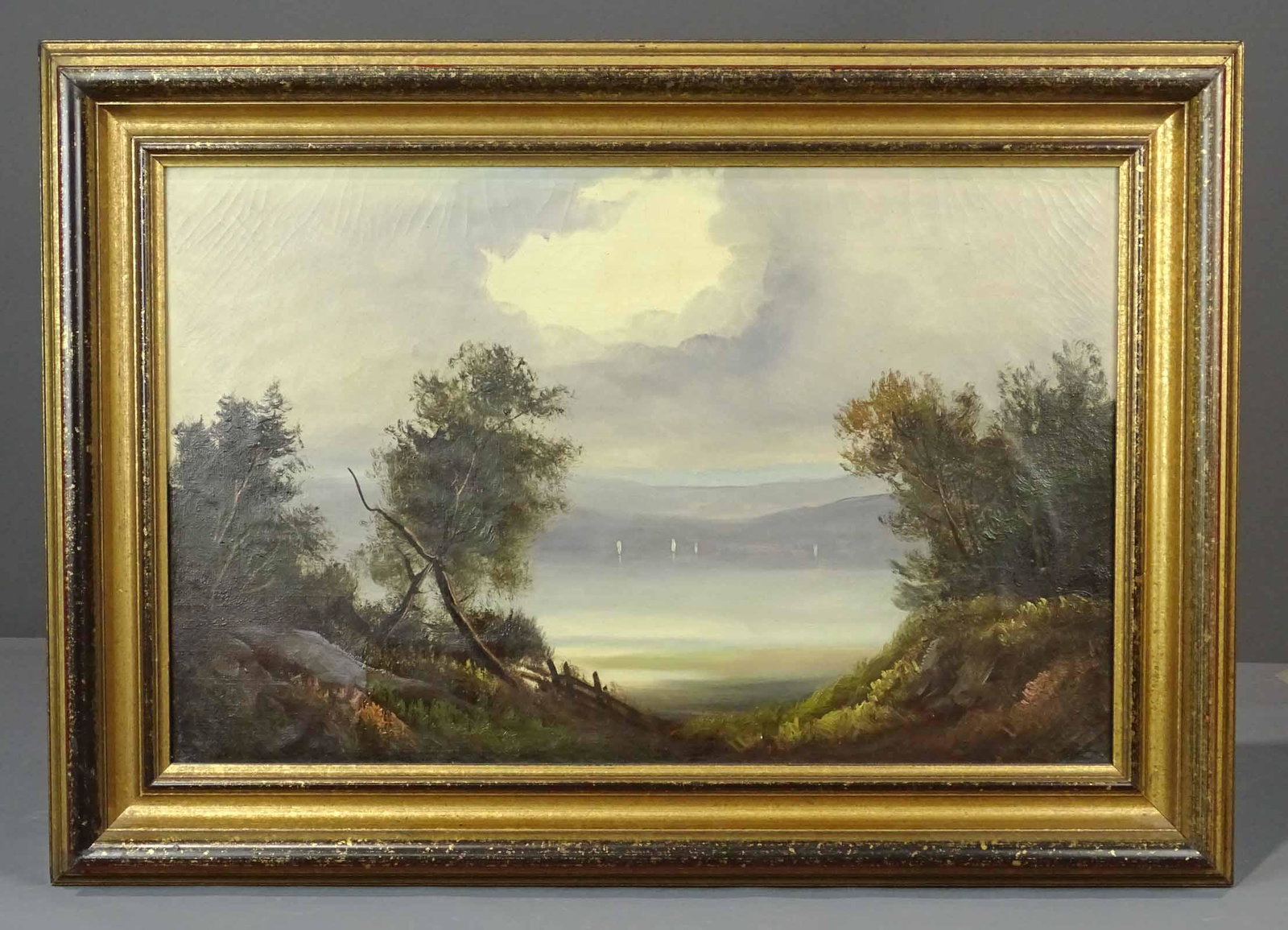 Painting, Hudson River School Landscape: Painting: Hudson River School landscape, oil on canvas, 14"x 22", overall 19" x 27 1/2".
