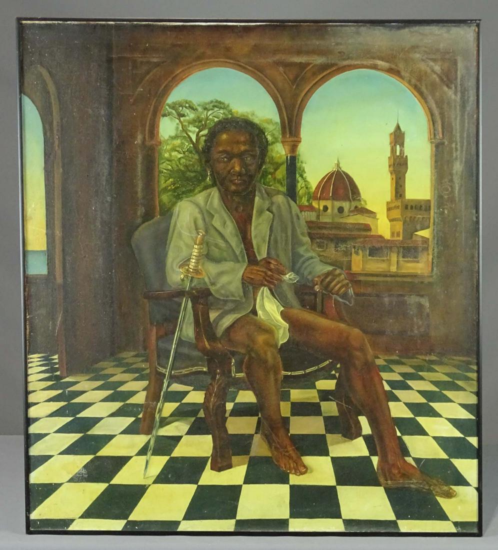 Painting, Man in Throne Chair: Painting: Surrealist type, man in throne chair. Oil on canvas. Overall 36 1/2" x 32".