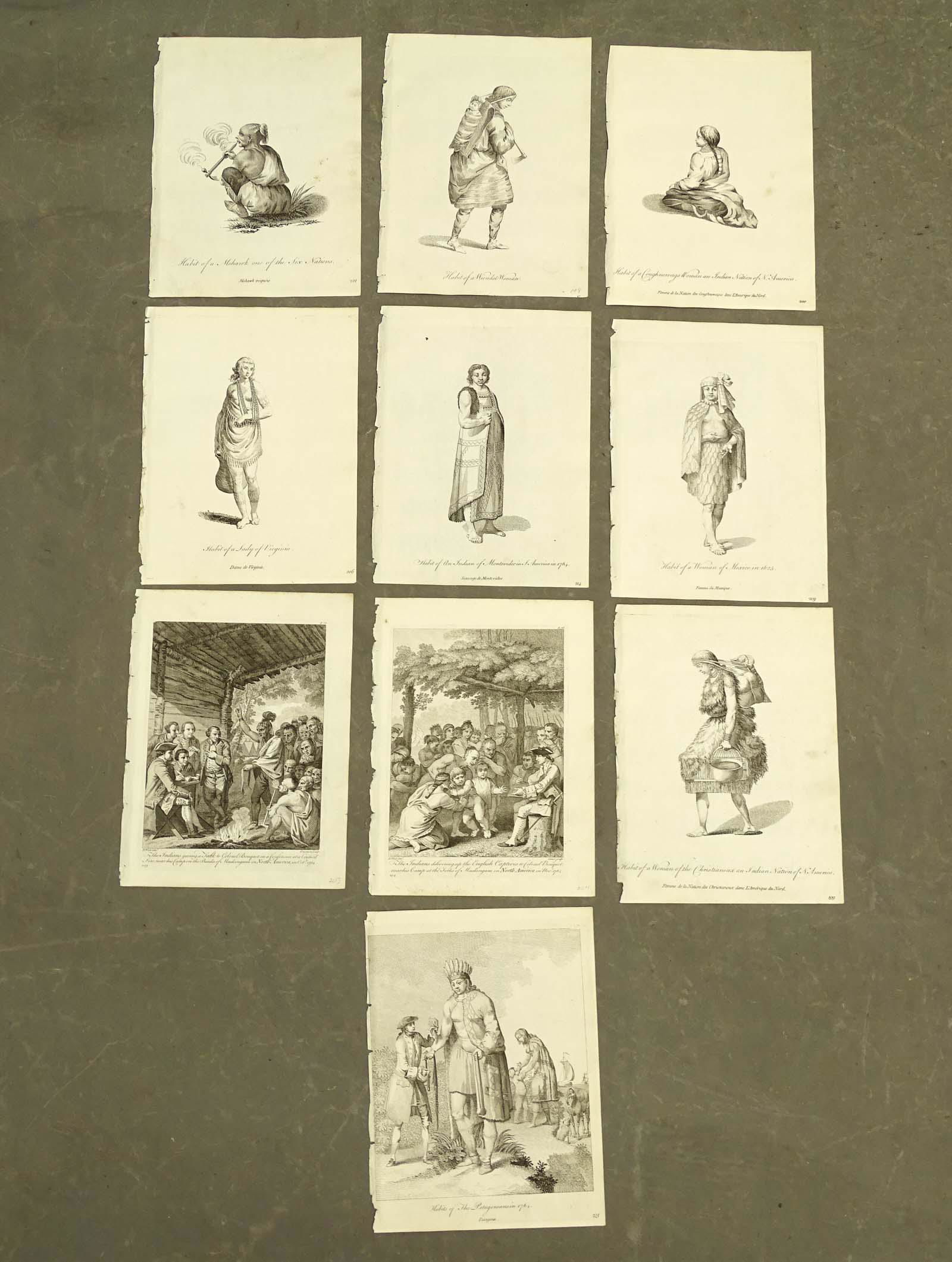 Native American Indian Costume Prints (10): Set of 10 engravings North and South America indigenous people in native dress or costume. Thomas Jefferys, London: 1772. Includes Mohawk, Virginia, Patagonian, historical events, etc. 10 1/2" x 8".