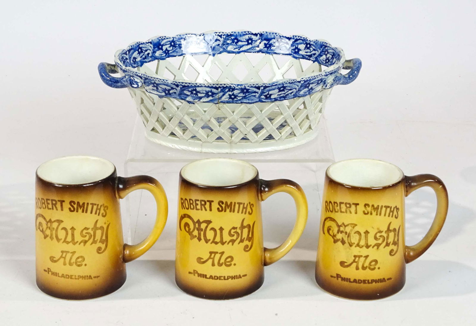 Misc. Lot: Lot including (3) Robert Smith's Musty Ale Philadelphia Hotel mugs (4" Ht.), early creamware reticulated dish (as found, lines, 9" x 6" x 3").
