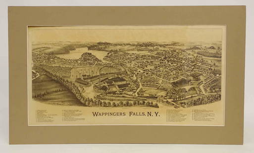 Wappingers Falls New York Large View: Wappingers Falls, N.Y. Large Panorama Bird's-eye Map. L.R. Burleigh, Troy, New York, c. 1889. Antique print. 15" x 29".