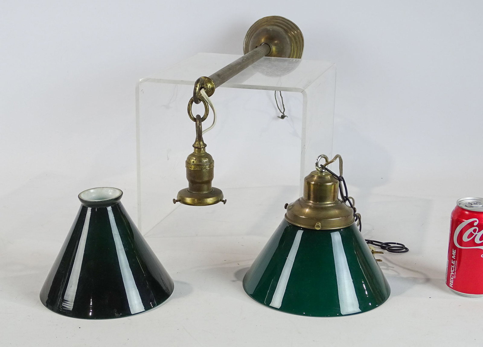 Hanging Lamp: Hanging lamp with (2) green glass shades. 19" Ht..