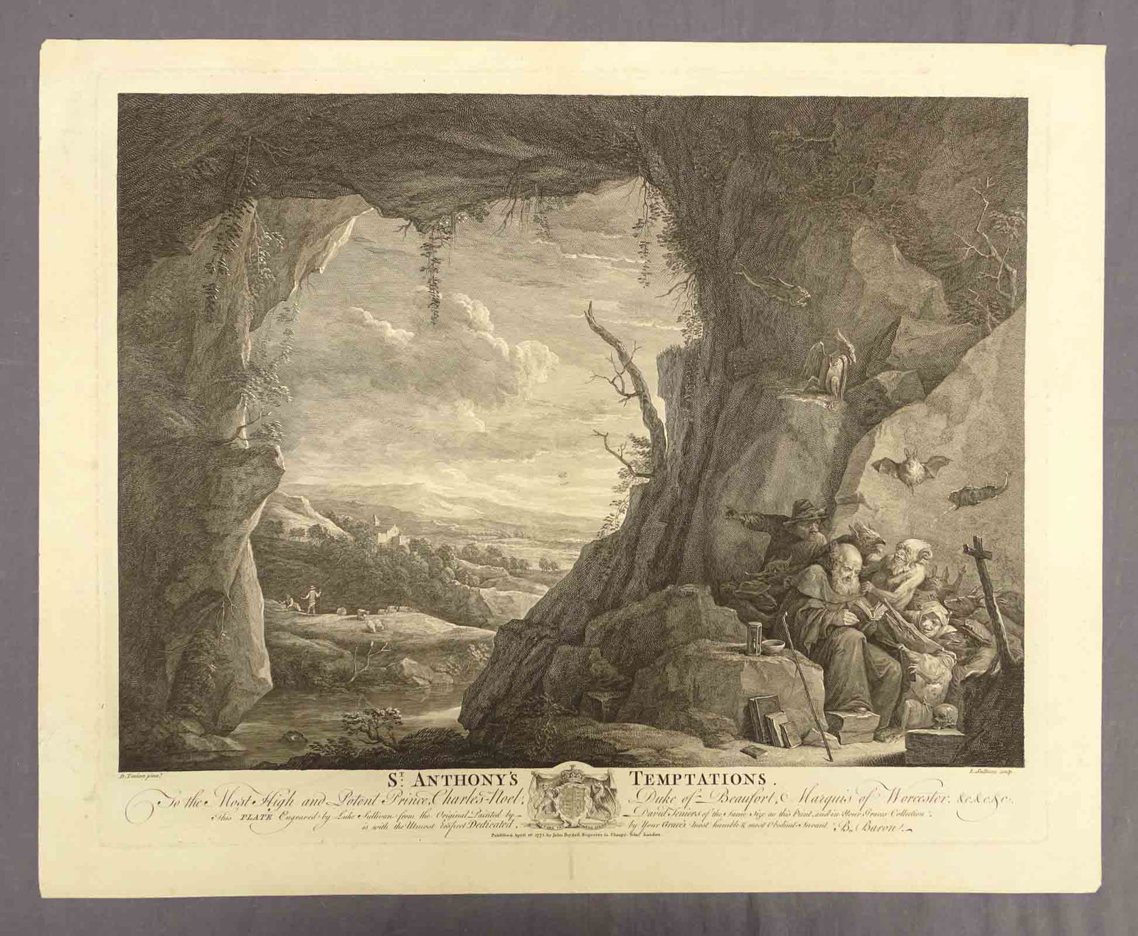 St. Anthony's Temptation Antique Print: David Teniers (1610-1690). Print with demons, devils, skull, bat. Engraved by Luke Sullivan for John Boydell, London, 1771. . 18 1/4" x 23".