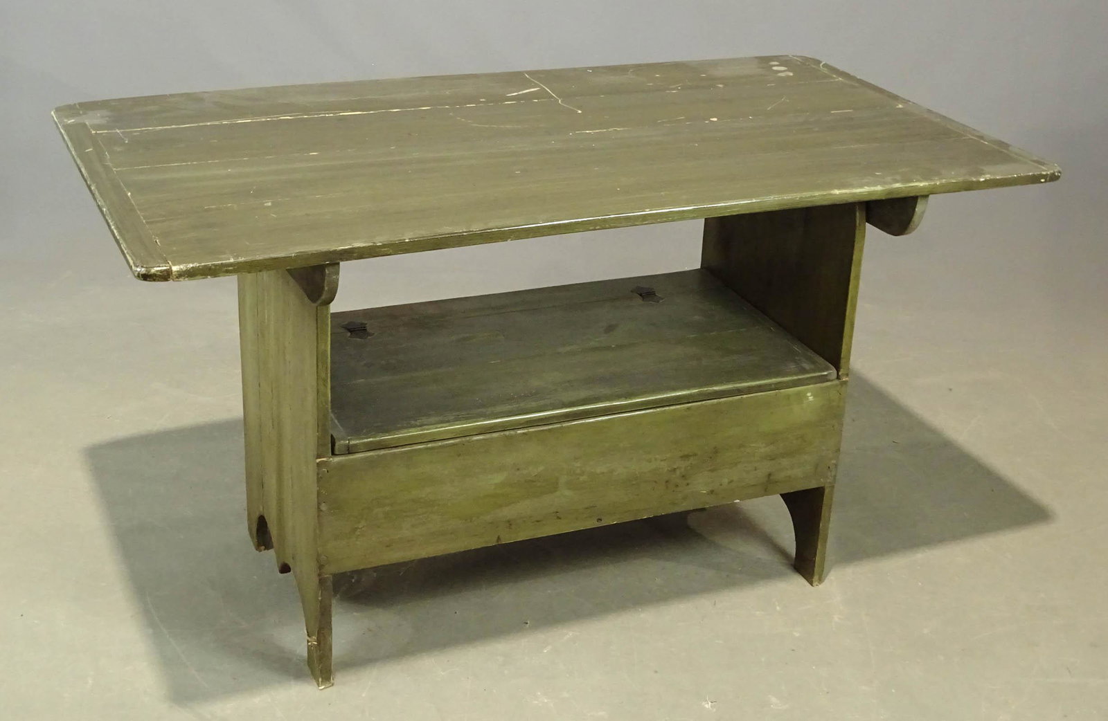 Hutch Table: Hutch table in green paint. Top removable.. 54" x 30 1/2" x 30".