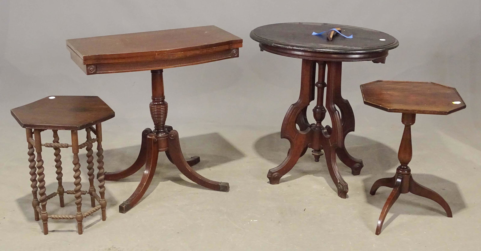 Furniture Lot: Lot including tilt top table (16" x 15" x 22"), octogonal stand (15" D., 20" Ht.), Victorian stand (27" D., 29" Ht.), mahogany card table (28 1/2" x 15" x 28 1/2").