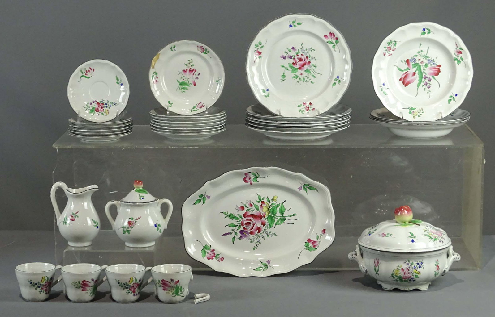 Luneville Dinner China: Set of Luneville "Strasborg" china including (6) 10" plates, (3) 9 1/2" soups, (8) 7 1/4" plates, (3) cups, (6) saucers, 14 1/4" x 10 1/4" platter, sugar and creamer, covered vegetable. Good condition