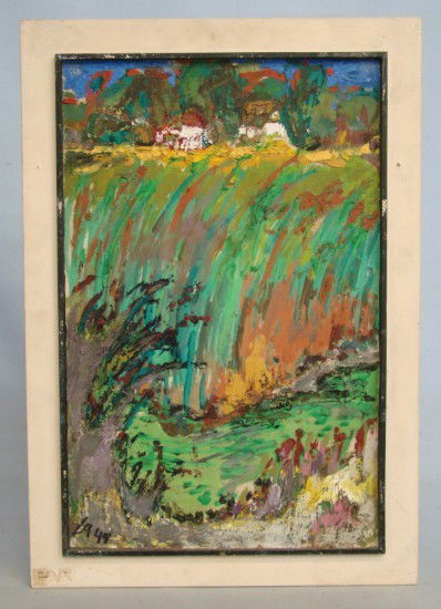 Painting Helmut Lander: Painting oil on board landscape signed on back "Helmut Lander Darmstadt Alexandraweg '42, Bei Ol-Tempura 1949". (Helmut Lander Germany 1924-....). Site 12 1/2" x 19 1/2".