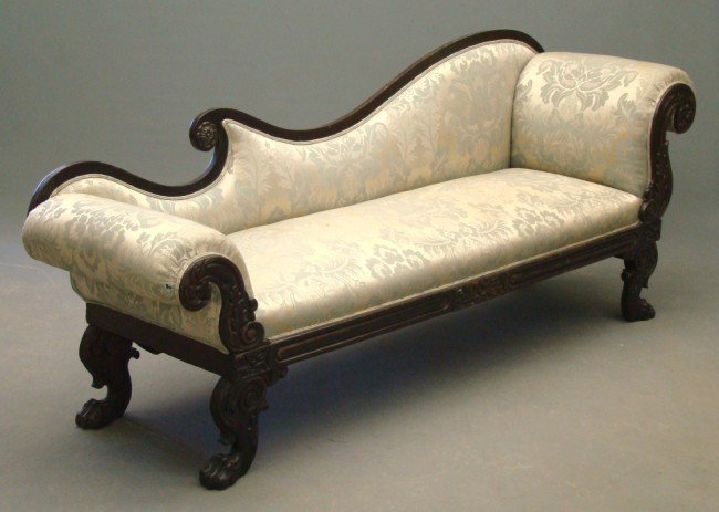 19th c. Boston Federal Recamier: Early 19th c. Federal Boston mahogany carved recamier. Note birch secondary wood. 7' 5" W.