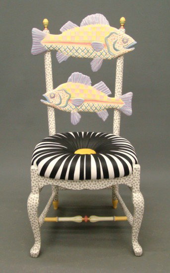 Contemporary Folk Art Chair: Contemporary folk art fish theme chair labeled "MacKenzie Childs Aurora N.Y.". 19" Seat Ht. 42" Overall Ht.
