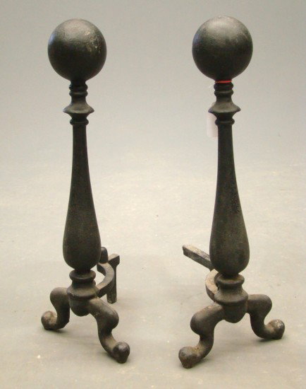 Andirons: Pair cast iron andirons. 25" Ht. As found condition.