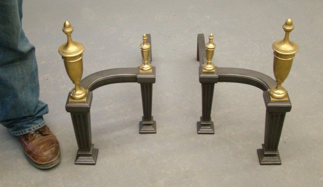 Andirons: Pair 20th c. Federal style iron and brass andirons. 21" Ht.