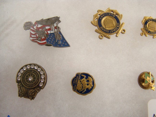 Pin And Button Lot: Lot 30 misc. assorted lapel pins and buttons c. 1940's-1970's including Masonic, Lions Club, Coastguard, Boyscouts, Teamsters, NYPD etc. Case does not sell with lot.