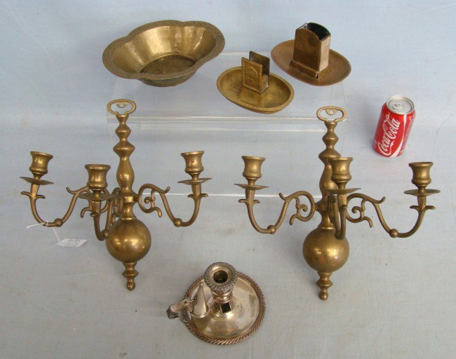 Misc. Metalware Lot: Metalware lot including vintage St. Regis Hotel N.Y.C. ashtray with matchholder, bronze matchholder signed "Muschenheim", Chinese bowl, pr. wall mounted sconces and silverplate chamberstick.