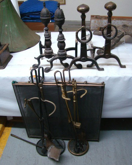 Firetool Lot: Lot including two sets of firetools, screen and two pair andirons.