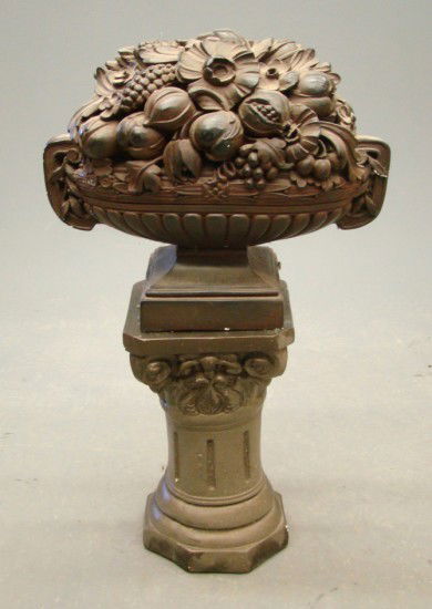 Plaster Basket Of Flowers: Plaster basket of flowers on pedestal. 32" Ht., some damage.