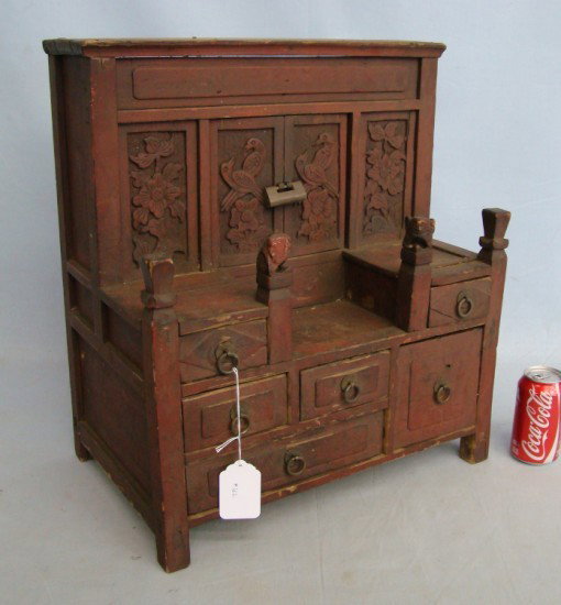 Asian Altar Cabinet: Asian altar cabinet in red paint surface. 18" W 11" D 21 1/2" Ht.