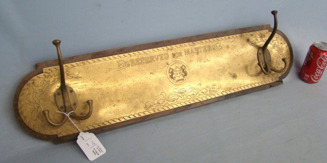 Coat Rack: Vintage English coat rack, brass and wood "Reserved For Master". 30" x 7".