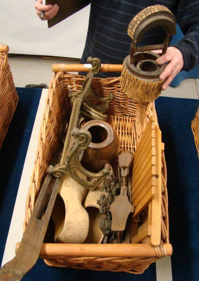 Primitive Lot: Misc. lot early thru vintage primitives including wooden shoes, stoneware, canning jar, wishing well, fabric stretcher, folding doll's table, ice skates etc.