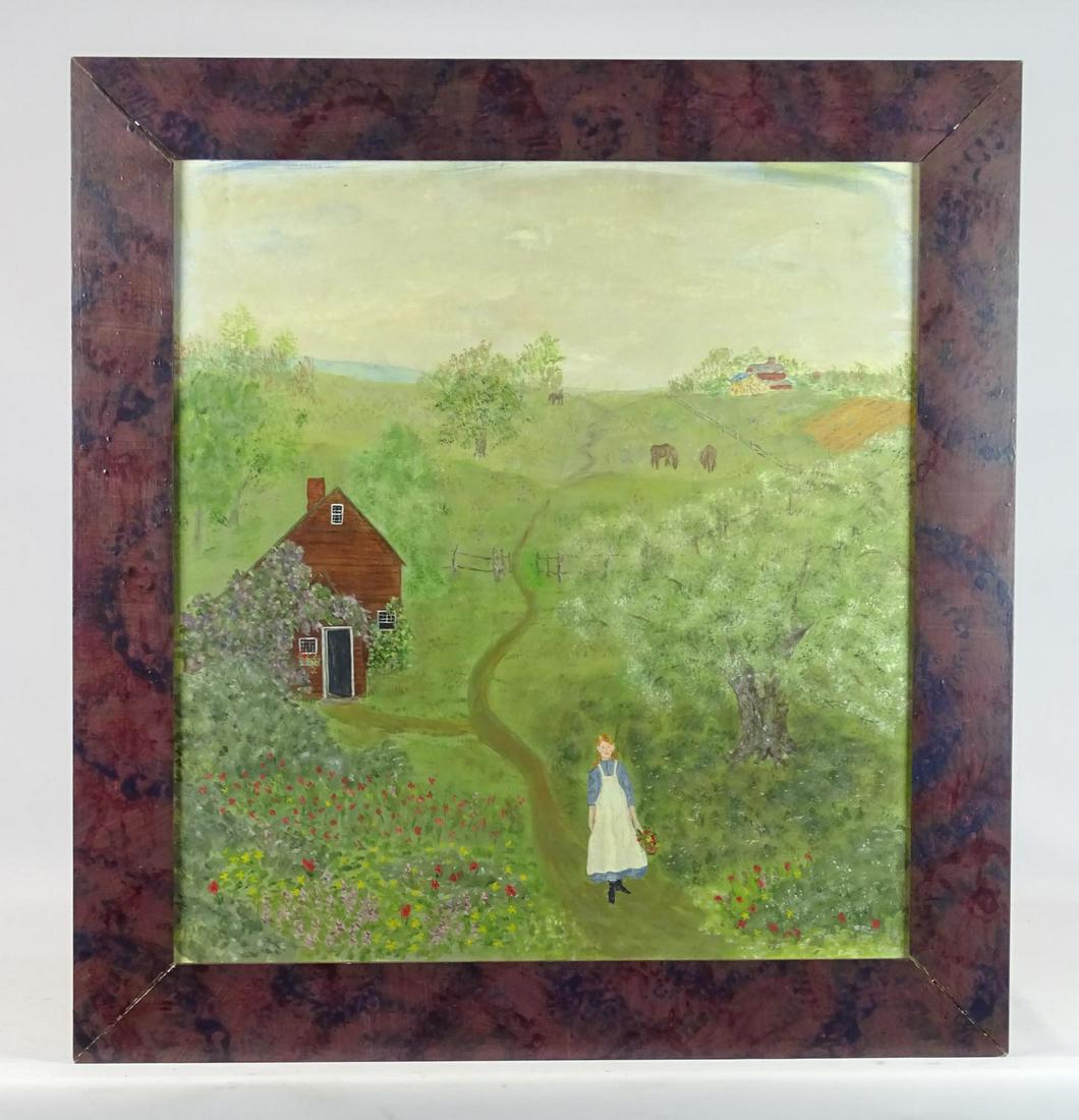 Painting: Painting oil on masonite board signed "BTC". Rural landscape with woman picking flowers. 30" x 28", decorated frame 34 1/4" x 32 1/4". Provenance: Estate of Myron & Carolyn Neugeboren, Ct..