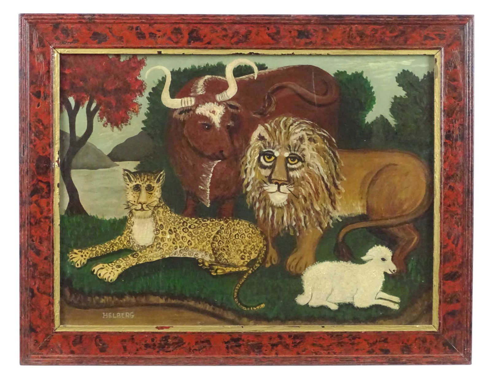 Kristin Hellberg Painting: Kristin Hellberg (1988) oil painting of "Peaceable Kingdom of Mr. Edward Hicks". Sight 10 3/4" x 14 3/4", decorated frame 13 3/4" x 18". Provenance: Estate of Myron & Carolyn Neugeboren, Ct..