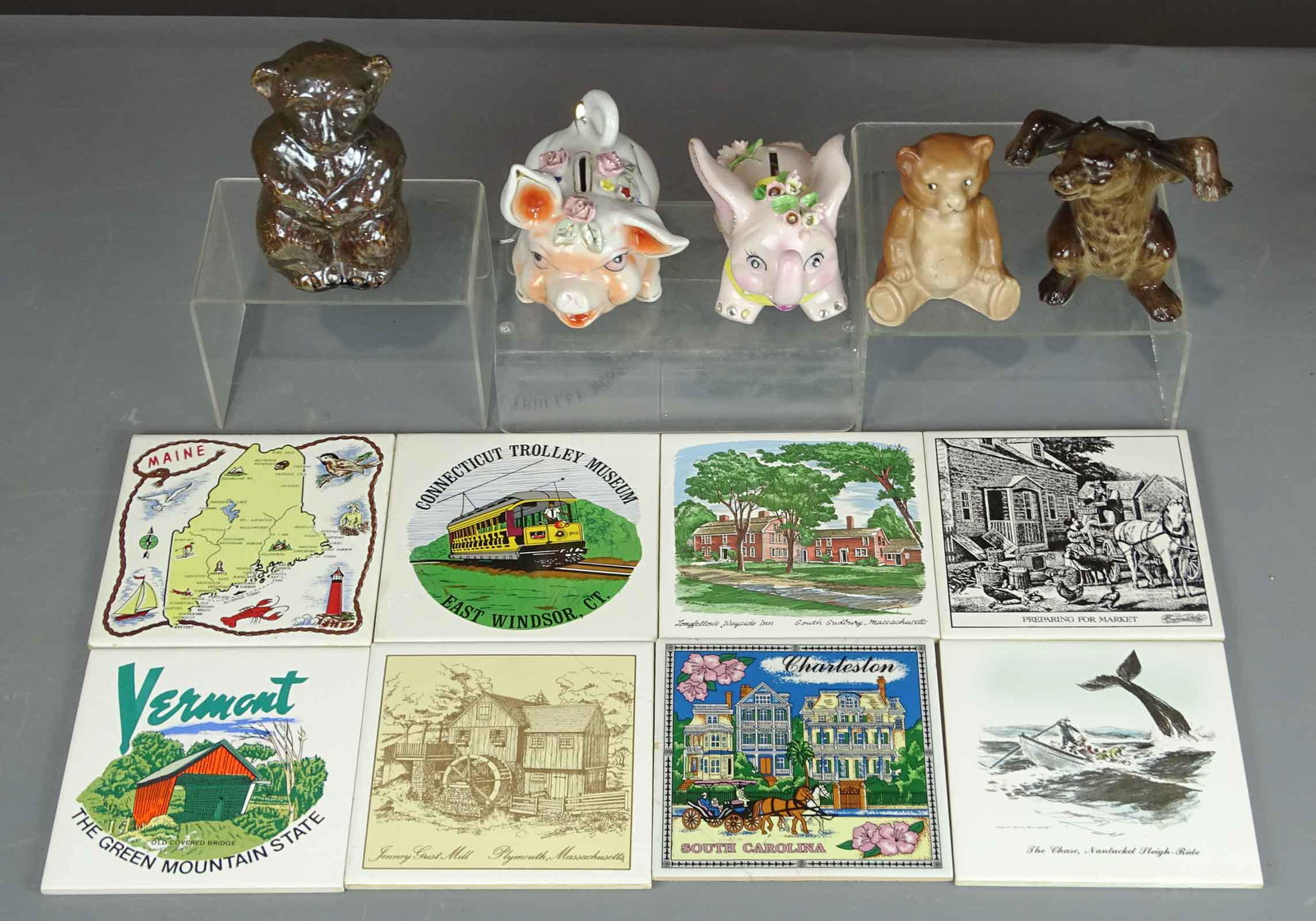 Misc. Lot: Lot including (8) tiles (mostly New England (2) damaged), along with five ceramic banks.