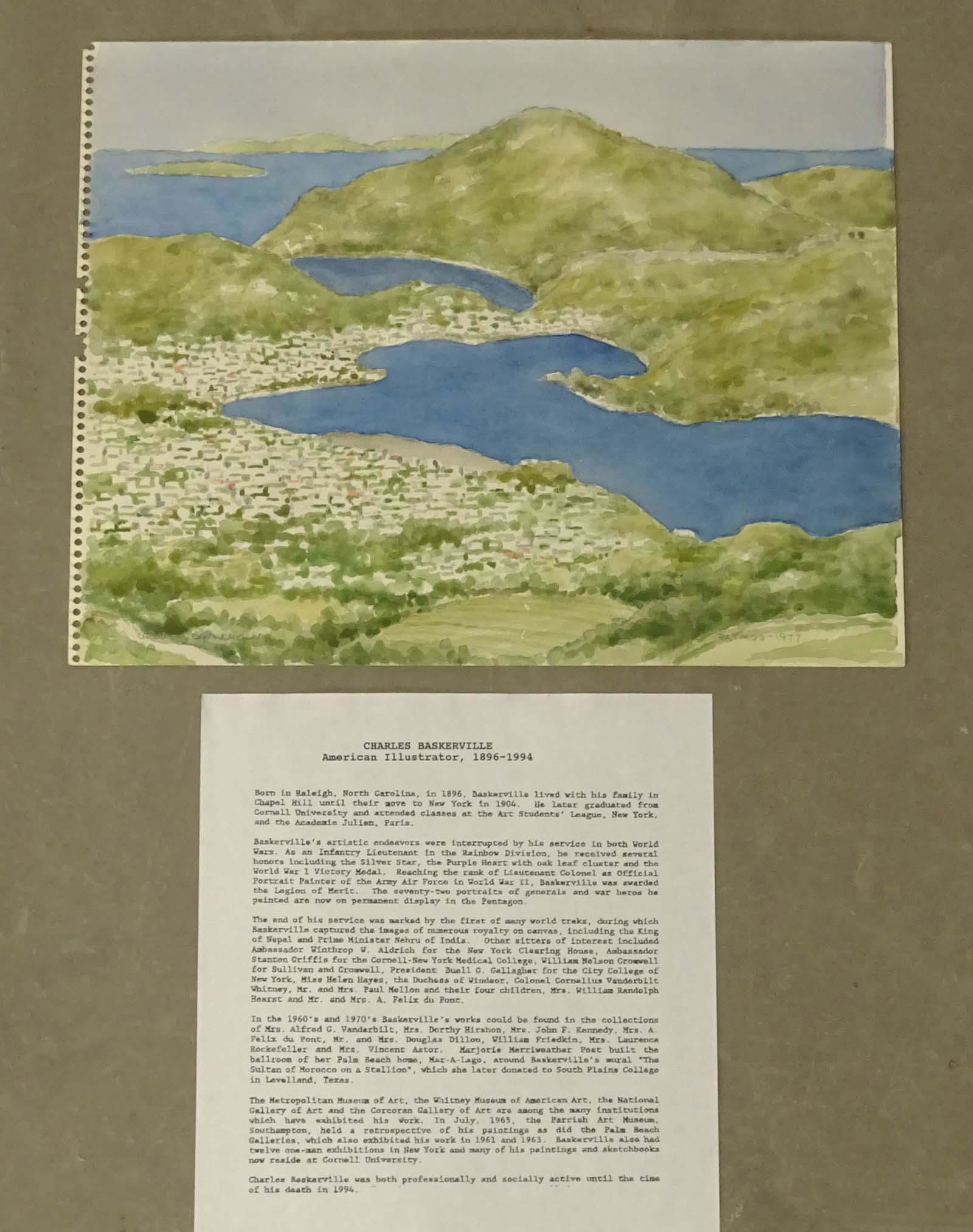 Patmos, Greece Painting by Baskerville: Charles Baskerville (1896-1994) , Patmos, Greece, 1977. Watercolor. Signed lower left. Aegean Sea beach panorama view seascape.. 11" x 14".