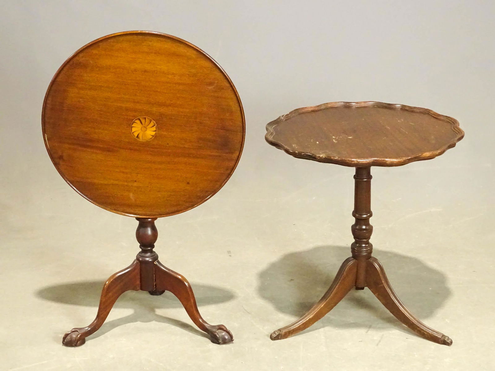 Tea Table Lot: Lot of 20th c. tea tables including: (1) Chippendale style tilt dish top inlayed tea table and (1) pie crust tea table 24" Dia. X 25 1/2" Ht..