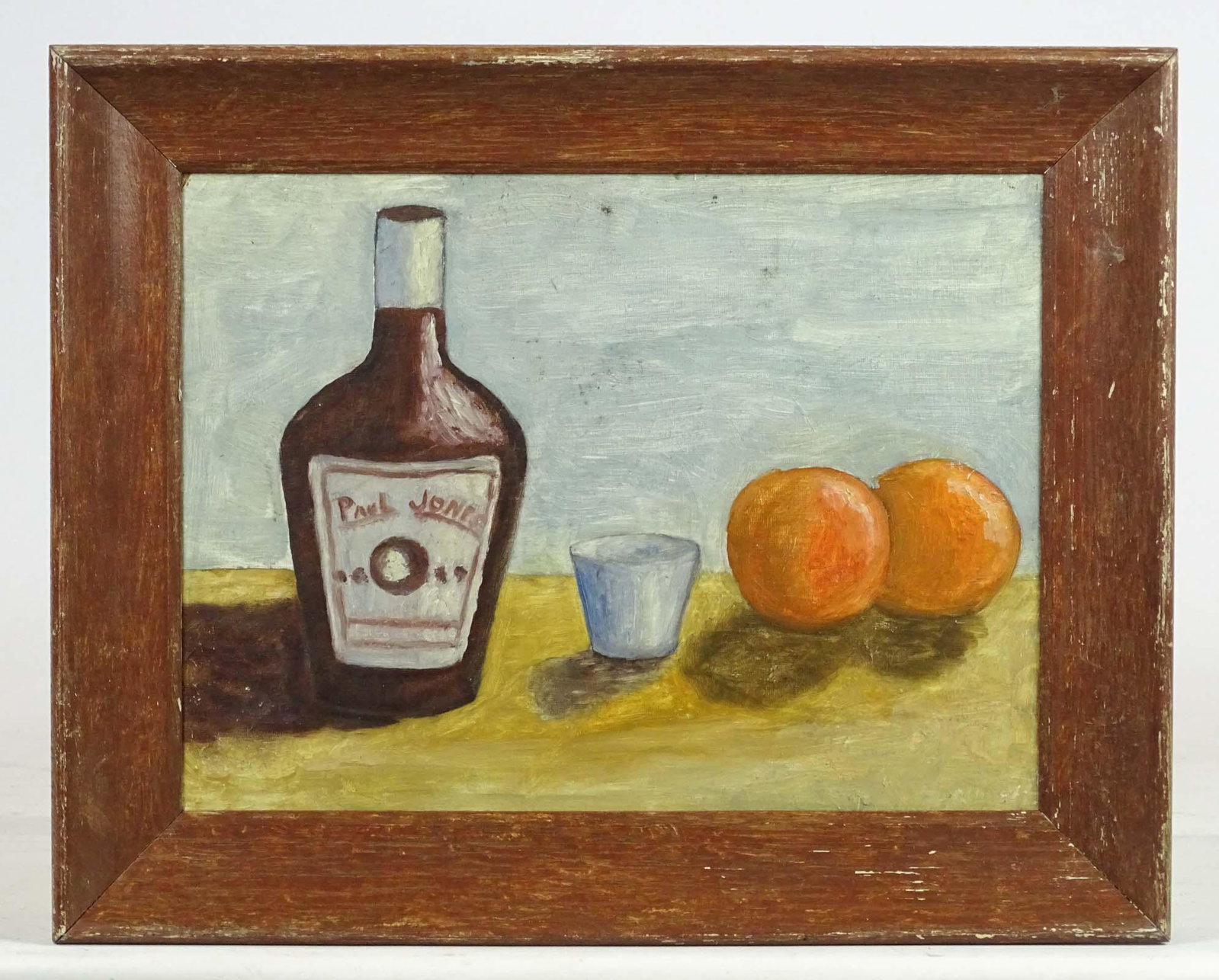 American School, Still Life: Painting: American School, still life, oil on panel, bottle marked "PAUL JONES". 9" x 12", overall 12" x 15".