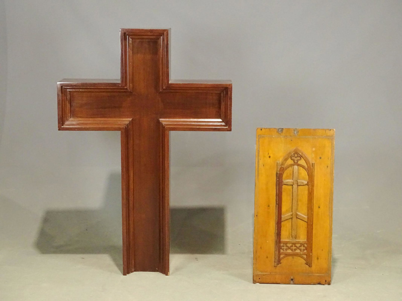 Misc. Lot: Misc. lot including a church cross 36 1/4" W. x 9" D. x 52 1/2" Ht., Gothic panel 16" W. x 32 1/2" Ht..