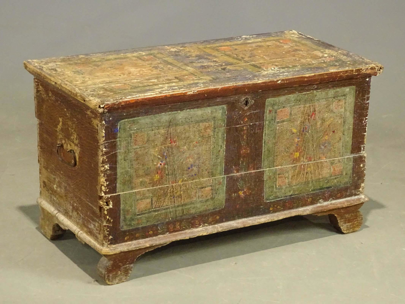 19th c. Immigrants Chest: 19th c. Immigrants chest with early decoration. Needs restoration. 41" x 20" x 23" Ht..