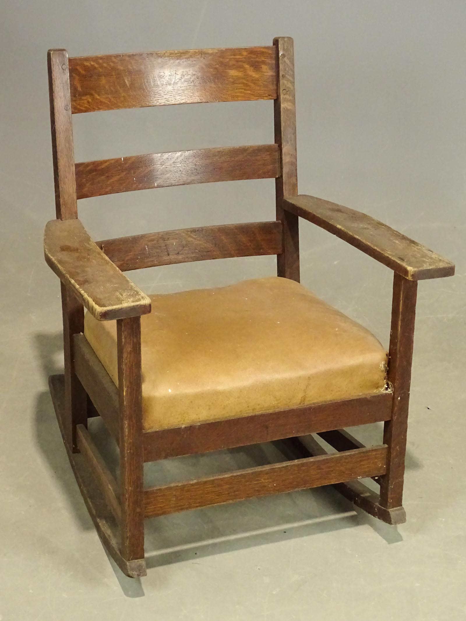 J & G Stickley Rocking Chair: C. 1900 Mission oak rocking chair. Labeled J & G Stickley backside of leg. 16" seat Ht., 33" overall Ht..