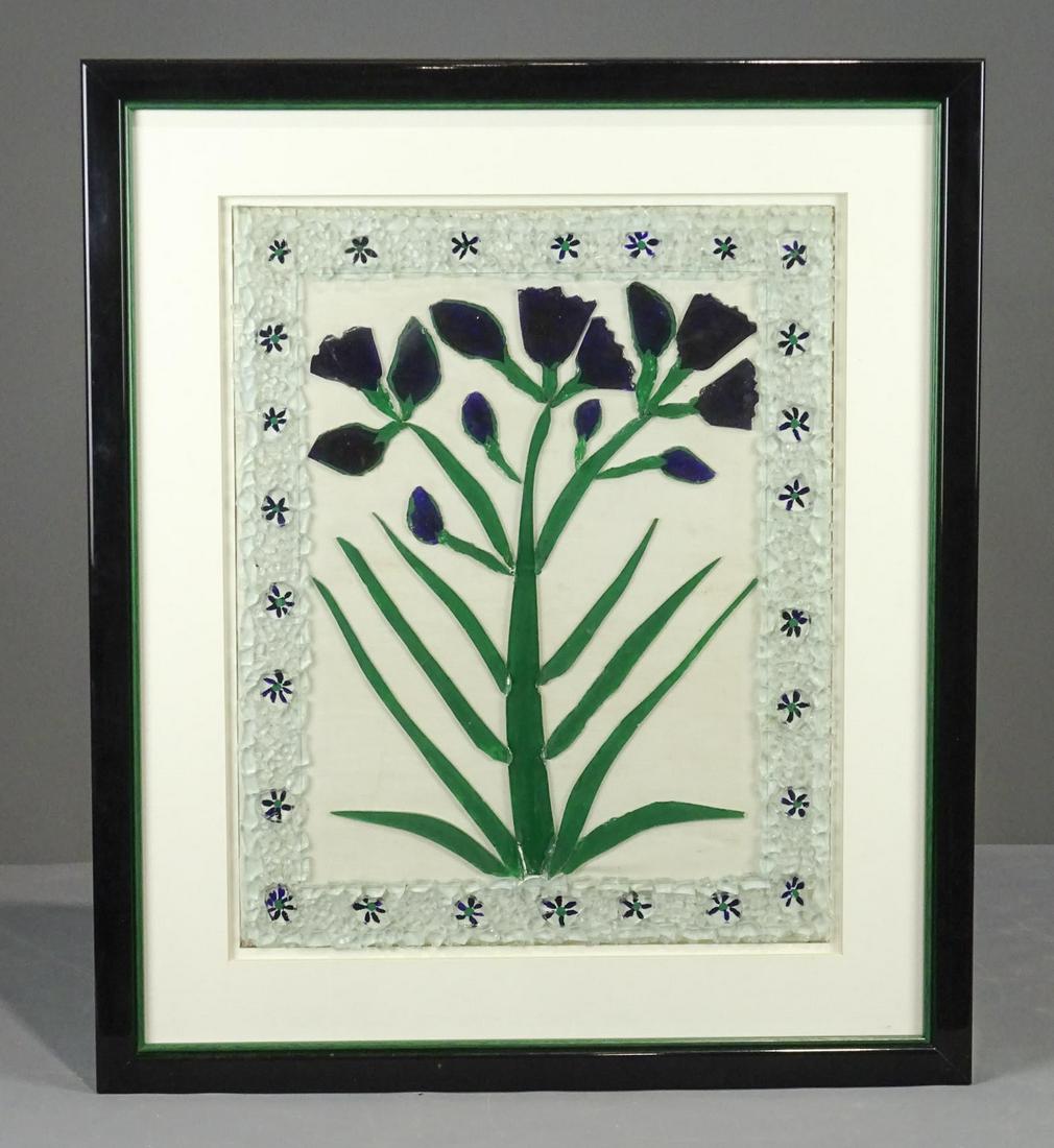Sylvanus Hudson Outsider Art: Sylvanus Hudson Outsider art "Blue Flowers", collage of shards of glass. 25 1/2" x 21 1/2".