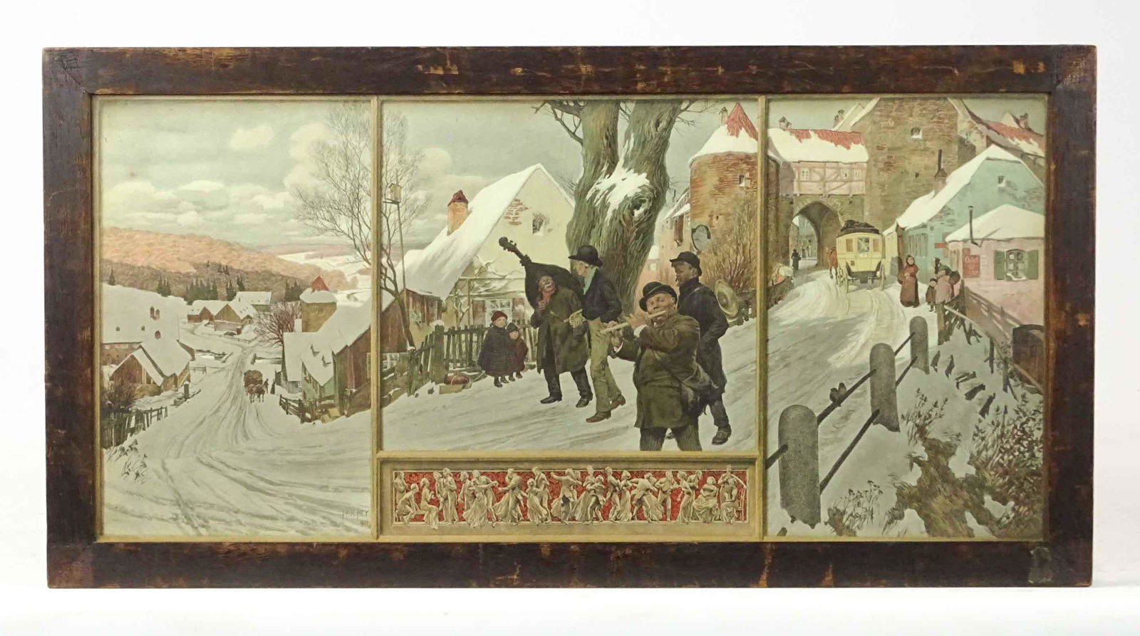 Paul Hey Print: 1904 Paul Hey Dickensian subject print. Overall in frame 14" x 27".