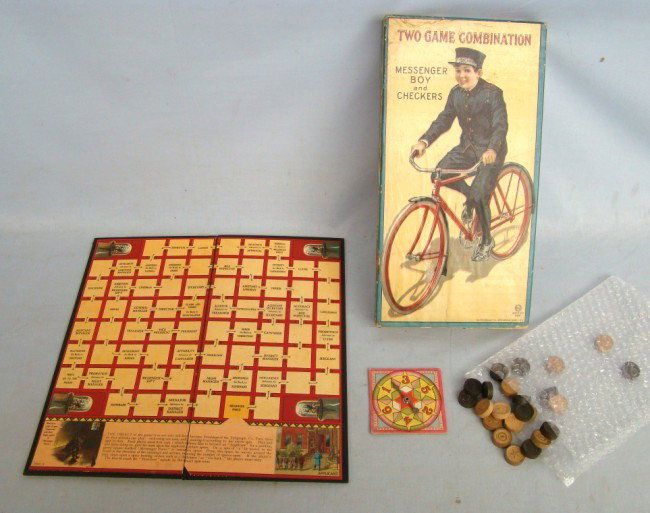Board Game: "Messenger Boy and Checkers" board game, by Milton Bradley Co., Springfield Mass. 17" x 9 3/4". Good cond., box has some imperfections.