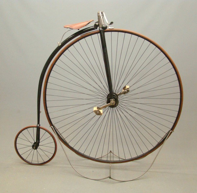 c. 1885 Columbia Expert 54" Highwheel Bicycle: c. 1885 Columbia Expert 54" Highwheel Bicycle, serial # 3761. Older restoration, some nickel plating tarnishing. Very complete includes proper brakes, pedals, saddle, good tires. Good rider - VG cond.