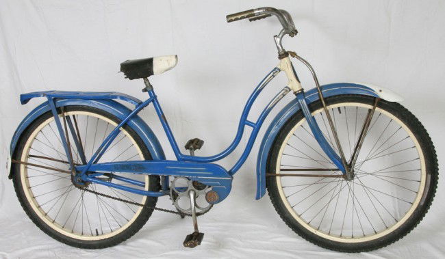 1950 Schwinn Hornet Girl's Cruiser Bicycle: 1950 Schwinn Hornet Girl's Cruiser Bicycle. Truss fork, deluxe chainguard, 9-hole bookrack, painted S-2 rims. Some original paint and some touch-ups. Fair Condition.