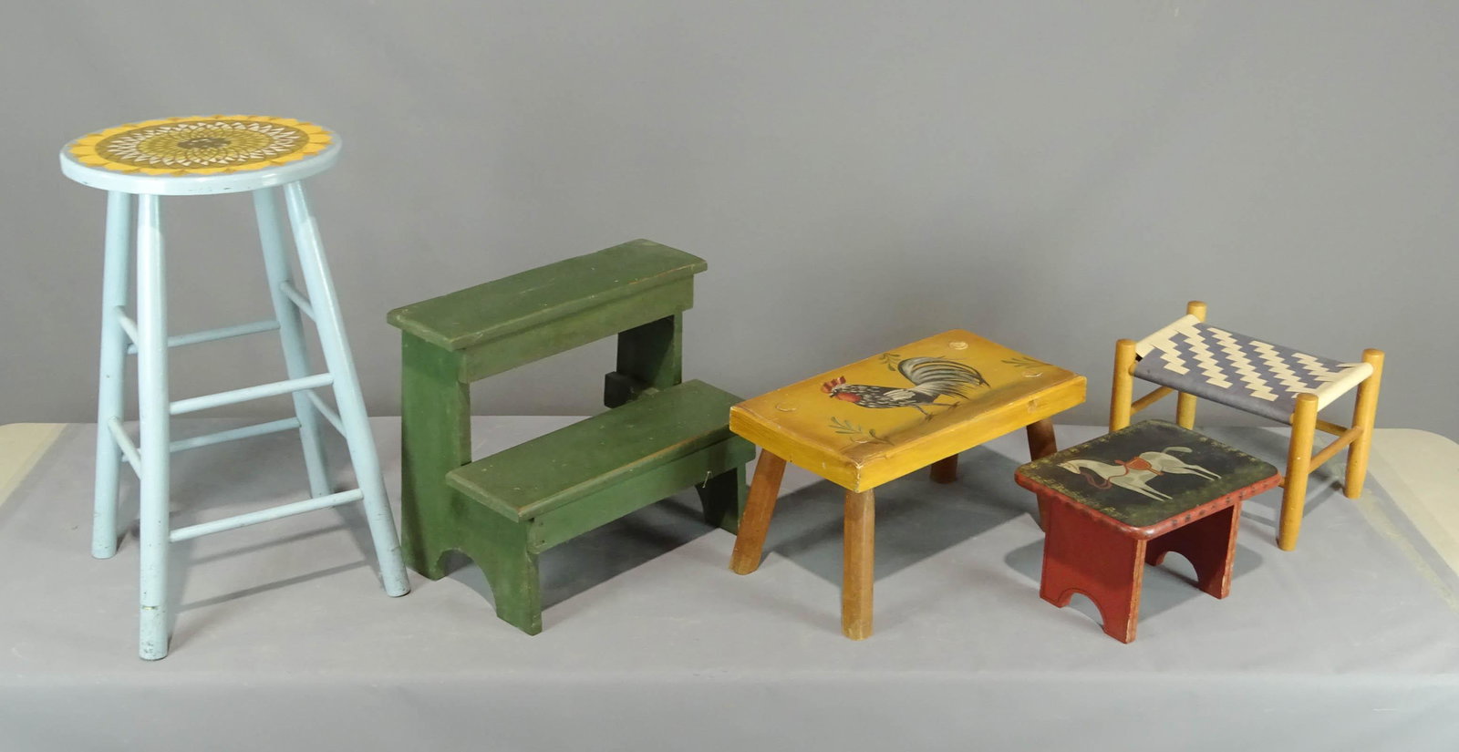Misc. Lot: Lot including stool (24" Ht.), steps (18" x 11" x 15 1/2"), and (3) stools. Provenance: Estate of Myron & Carolyn Neugeboren, Ct..