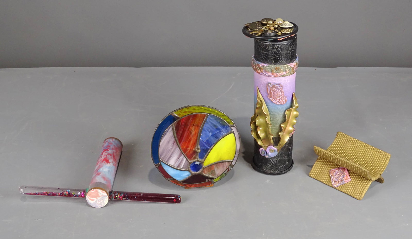Kaleidoscope Lot: Lot (3) folk art handmade Kaleidoscope. Provenance: Estate of Myron & Carolyn Neugeboren, Ct..