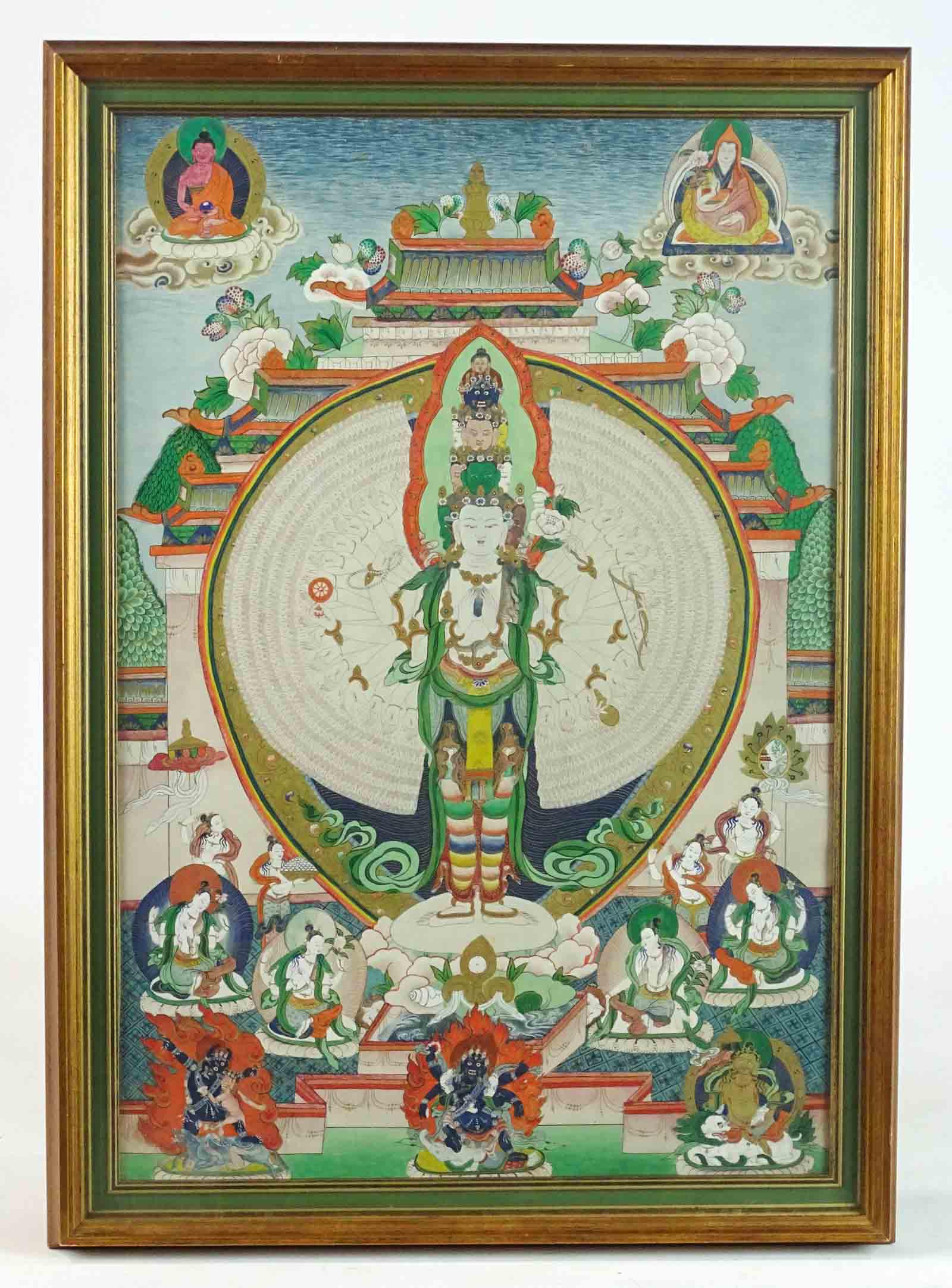 Thangka Artwork: Framed Thangka artwork. Sight 23 1/2" x 15 1/2", overall 26" x 18 1/2".