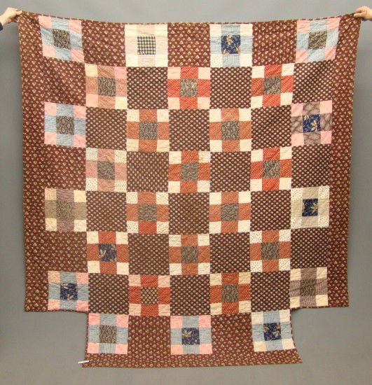 Quilt: Quilt, 19th c. nine patch variation, cut for four poster bed. 82" x 88".