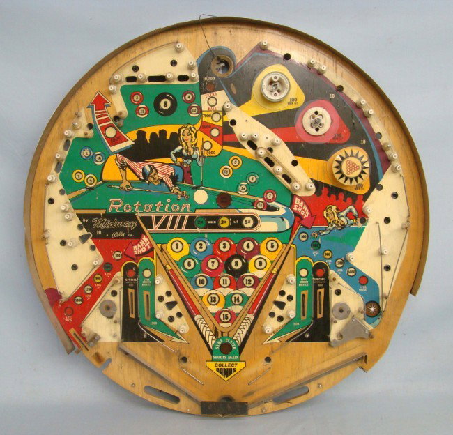 Pinball Machine Face: Vintage "Midway Bally Co." pinball machine face. 33" Diameter.