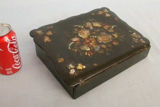 19th c. Writing Box: 19th c. papier mache MOP inlaid writing box. Lid needs to be reattached. 11" W.