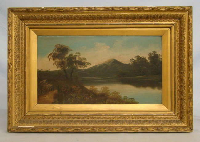 19th c. Painting Hudson River School: 19th c. oil on artist board Hudson River School. Site 18" x 9 1/2".