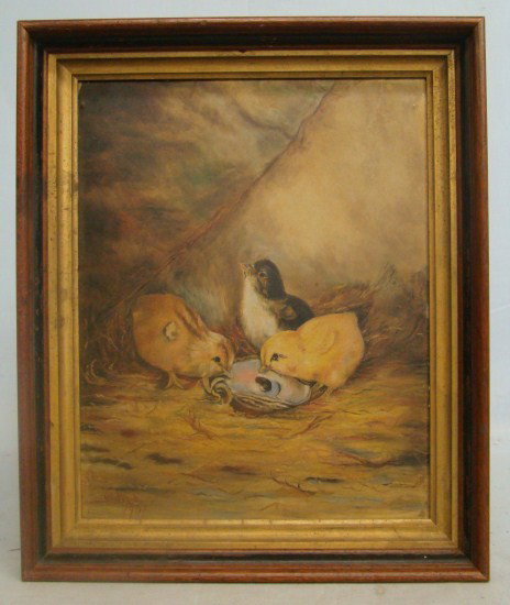 Dated 1901 Painting Chicks: 19th c. oil on canvas chicks titled on back "A Cold Water Conference" signed "C.M.F. 1901". Site 11" x 15".