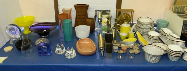Mid Century Lot: Lot over 50 pcs. misc. pottery and smalls including Russel Wright dish, Baccarat candleholders, Erphila, depression glass vase, Swedish china, Hamilton clock and more.