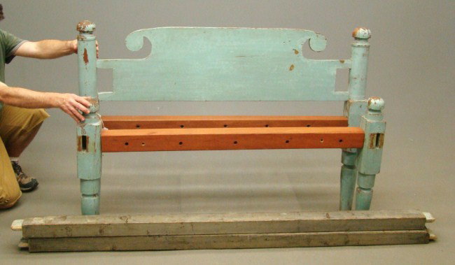 19th c. Bed In Original Blue Paint: 19th c. bed in old blue paint (with rails). 53" W with 74" rails.