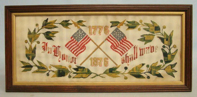Centennial Needlepoint: 19th c. "1776-1876" motto needlepoint. 21" x 8".