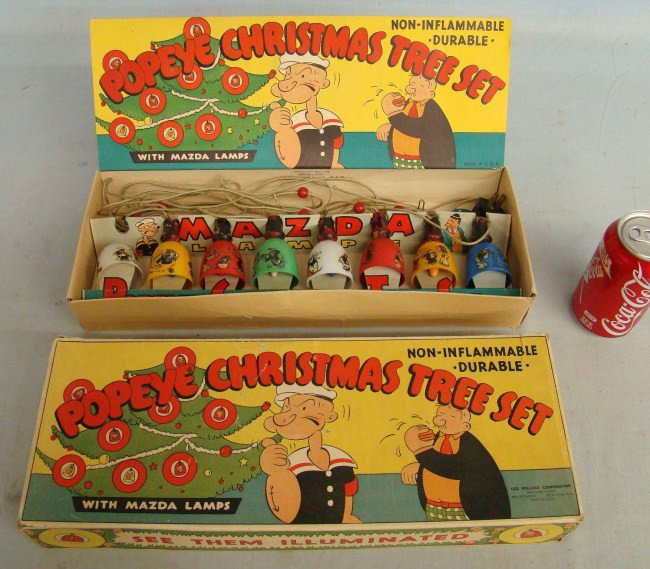 Vintage Popeye Christmas Lights: Popeye Christmas lights in original box. Leo Pollock Corporation, N.Y.C., Box 16" W.